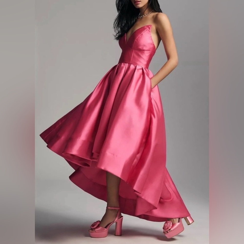 Hutch Pink Sabrina Strapless V-Neck Pleated High-Low Gown